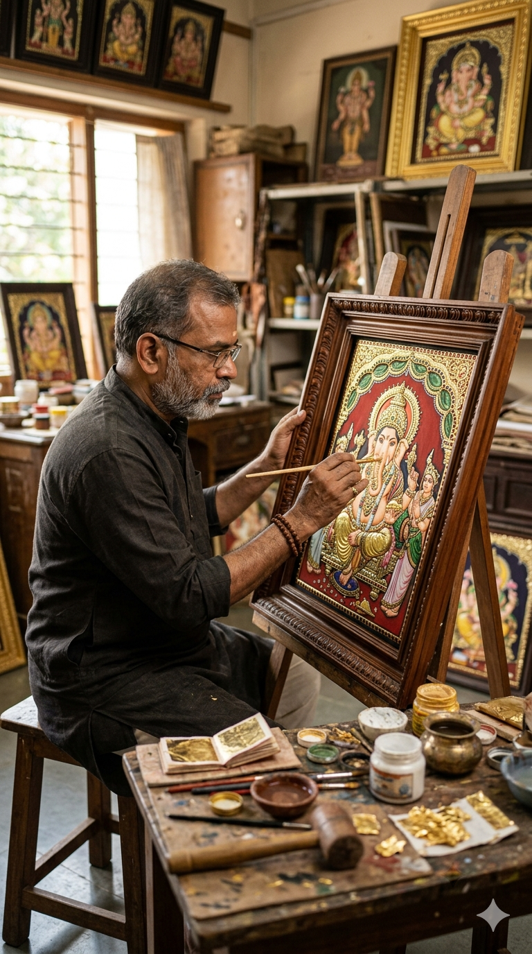 Master artisan creating Tanjore art